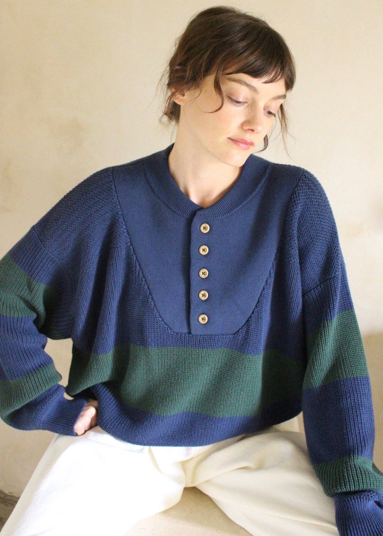 Bud Pima Cotton Striped Henley Sweaters Na Nin Midnight & Forest Stripe O/S