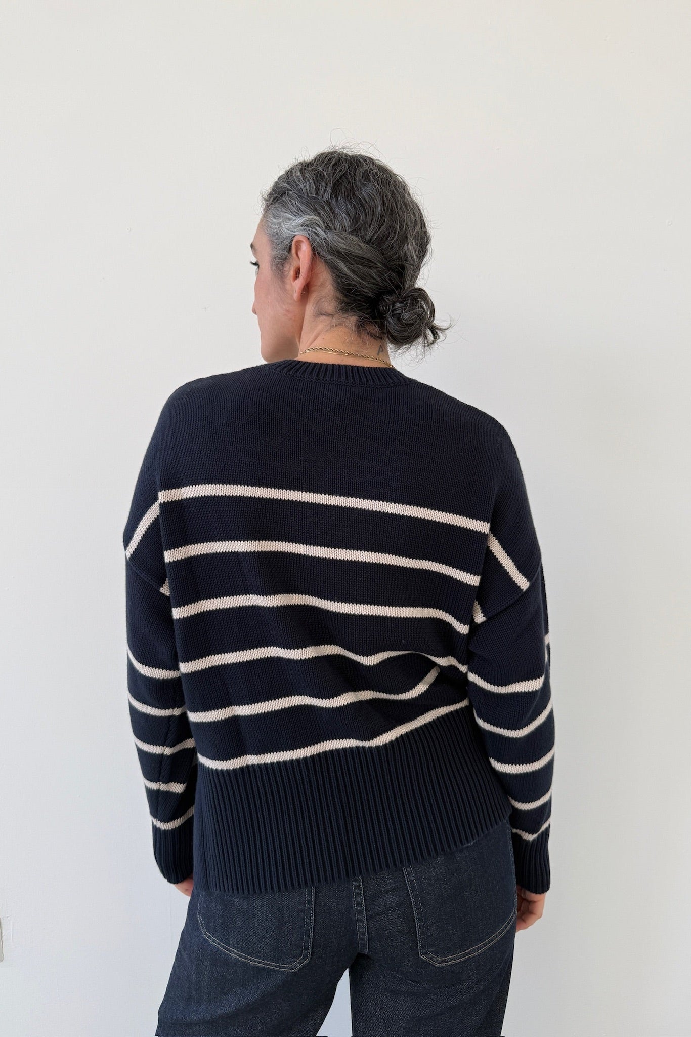 Breton Boxy stripe sweater on model back side