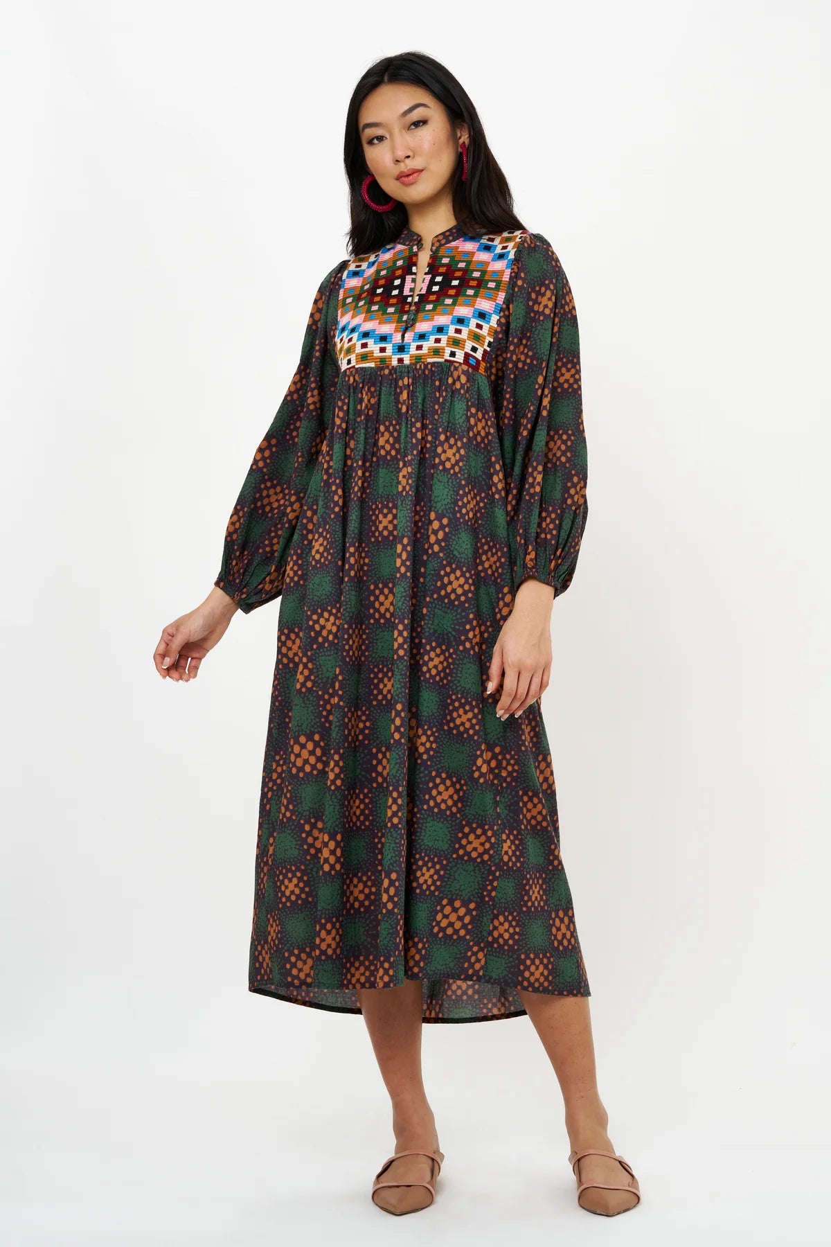 Mandarin Balloon Sleeve Midi Dresses Oliphant