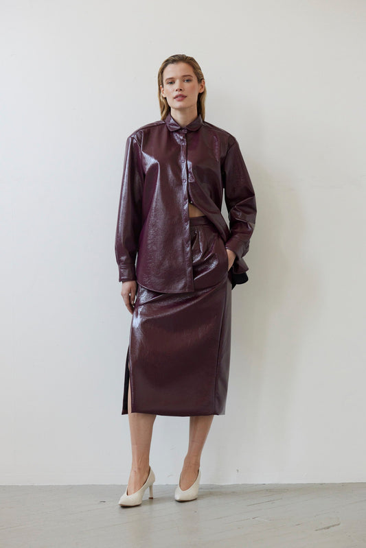 Monica Midi Straight Skirt in Gloss Pleatherette Skirts CHRISTINE ALCALAY