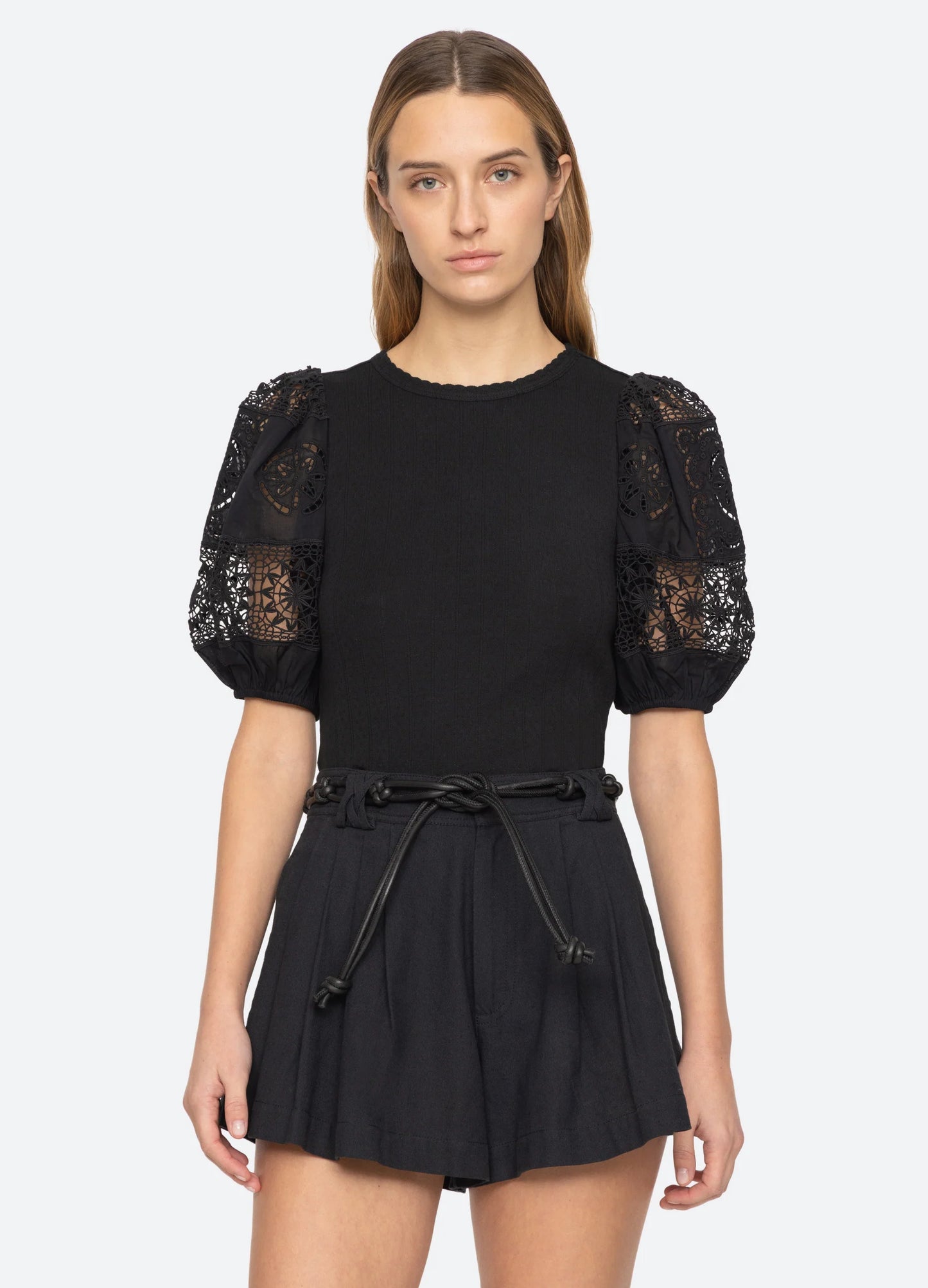Dahlia Eyelet Combo Tee Tops SEA NEW YORK Black XS