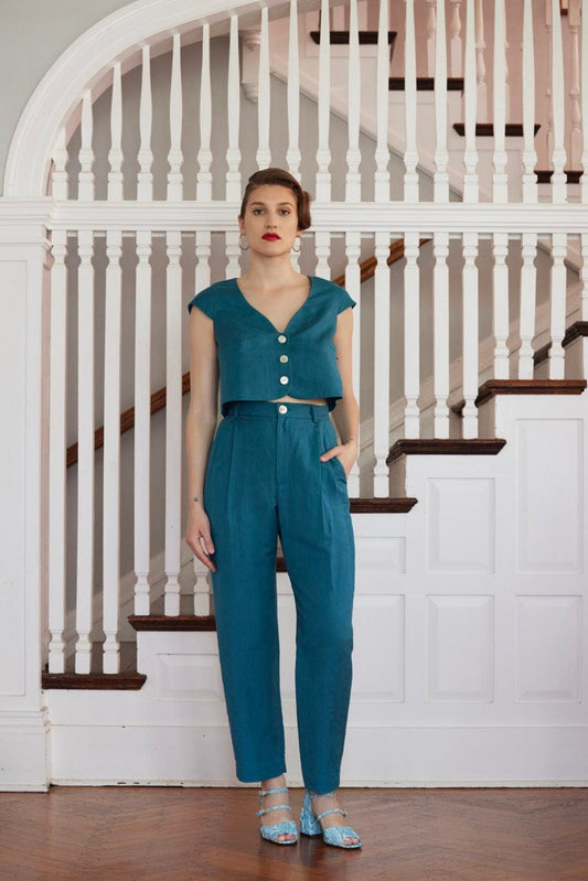 Amare Top in Linen Blend Tops CHRISTINE ALCALAY Adriatic Extra Small
