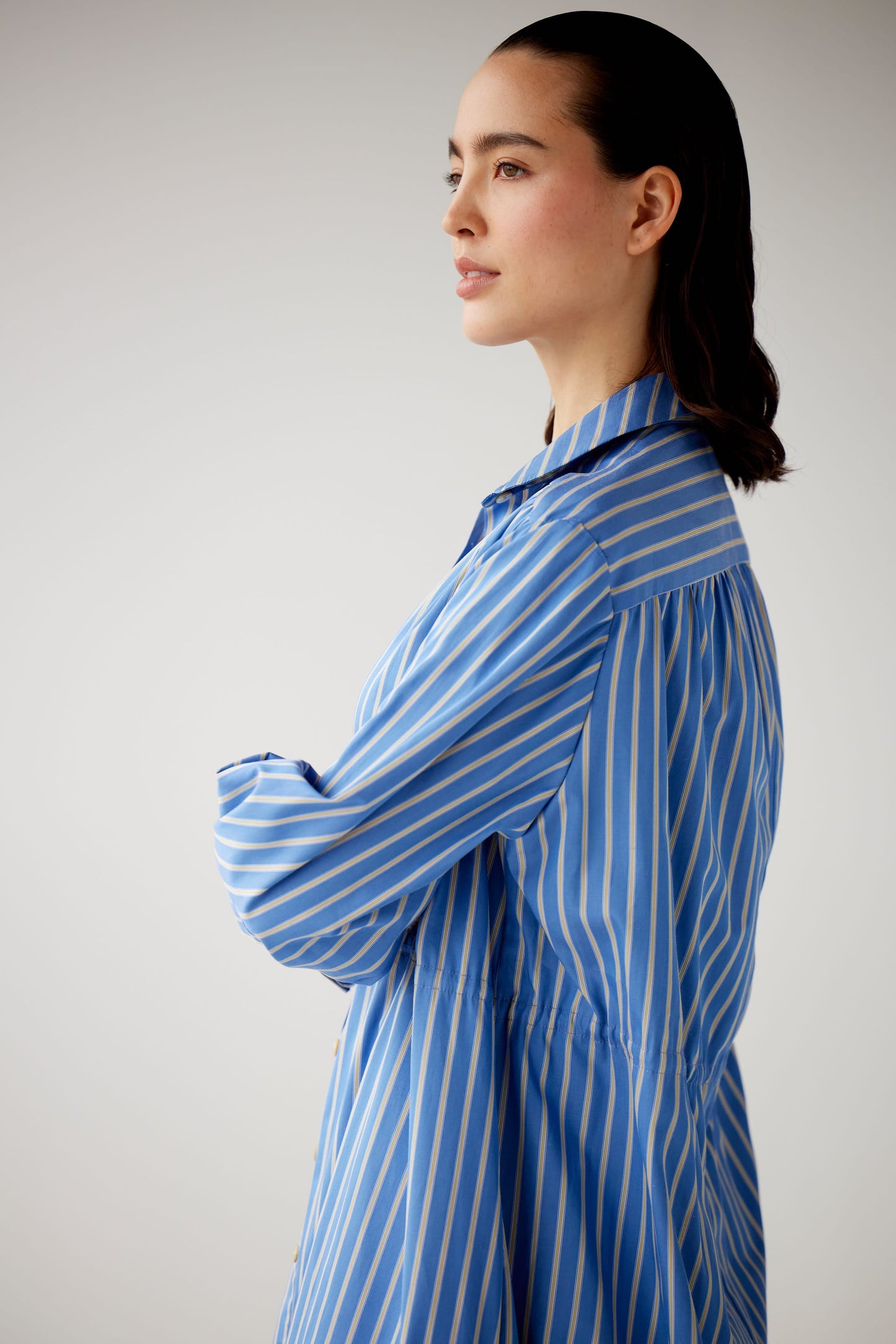 SAMPLE FW25 - Georgia Dress in Sky Striped Cotton Samples CHRISTINE ALCALAY