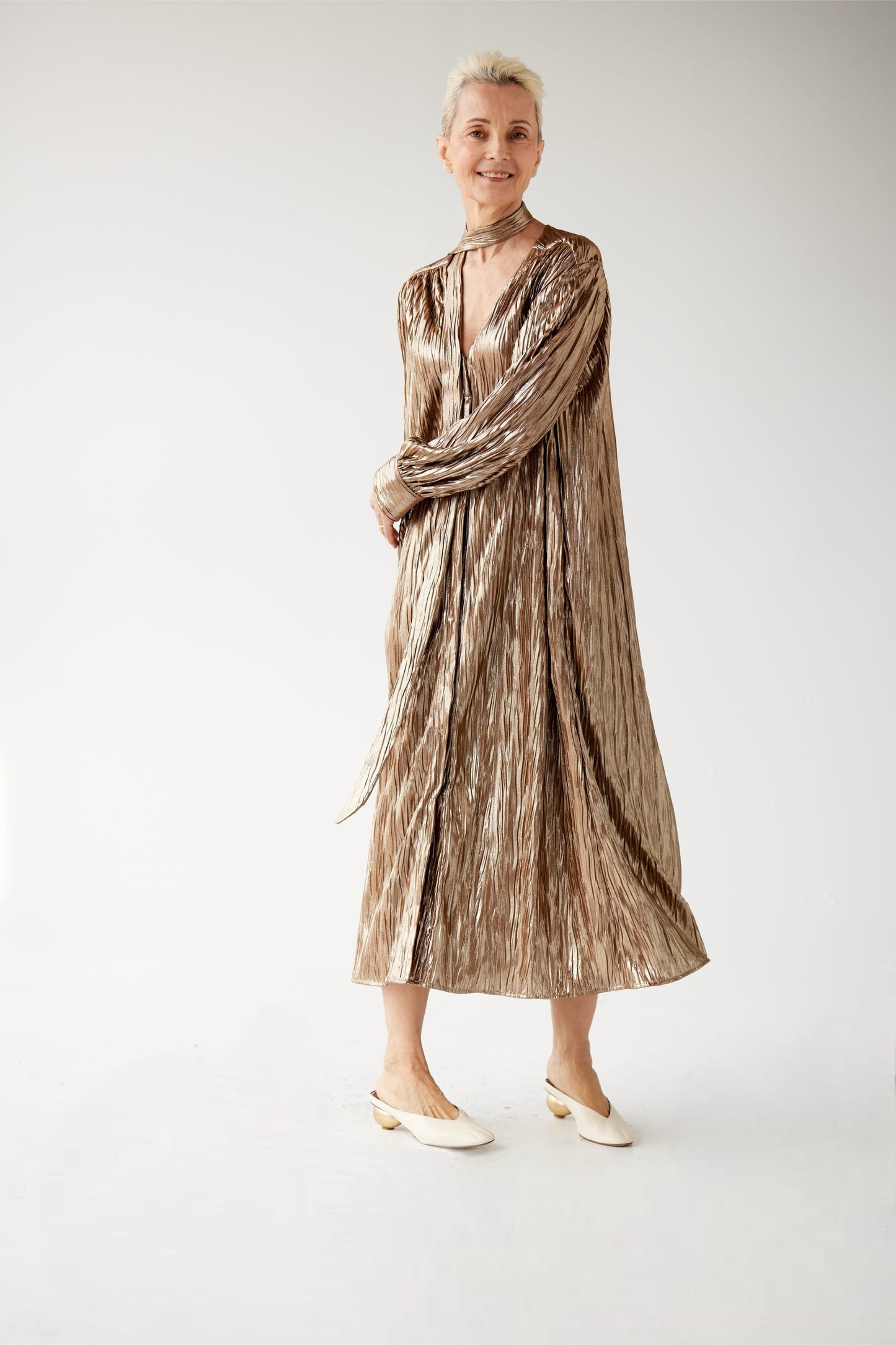 Farrah Dress in Pleated Metallic Gold Dresses CHRISTINE ALCALAY