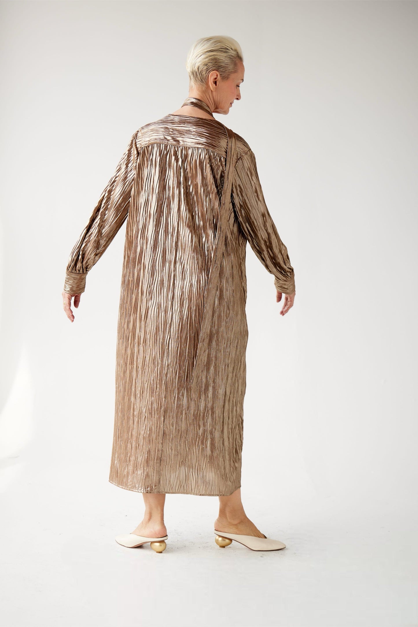 Farrah Dress in Pleated Metallic Gold Dresses CHRISTINE ALCALAY