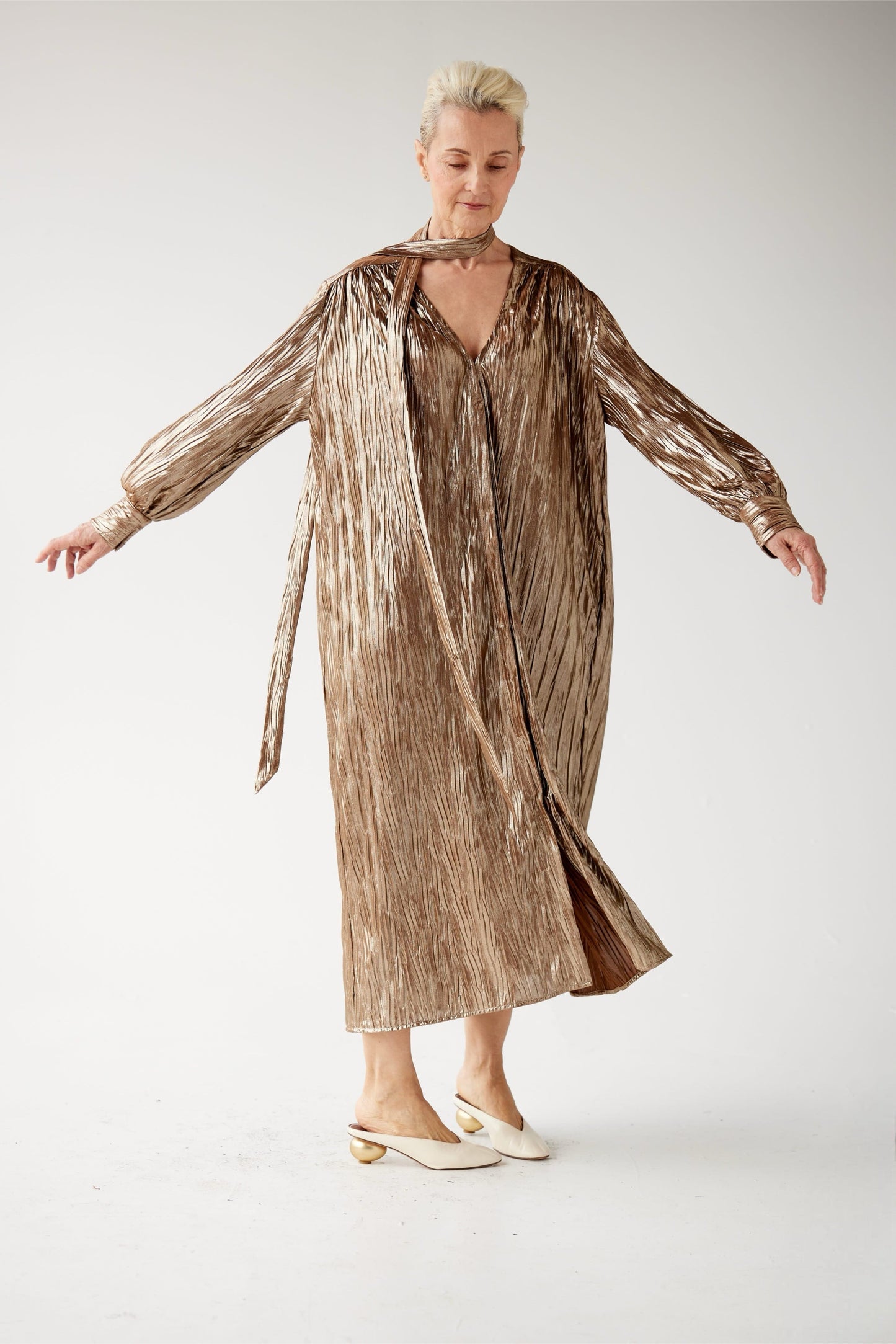 Farrah Dress in Pleated Metallic Gold Dresses CHRISTINE ALCALAY