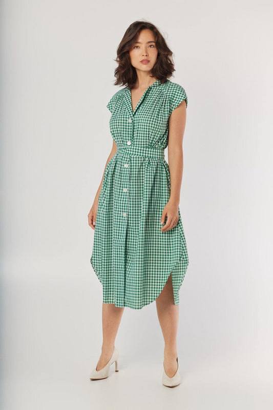Jeane Dress in Malachite Green Gingham Cotton Dresses CHRISTINE ALCALAY