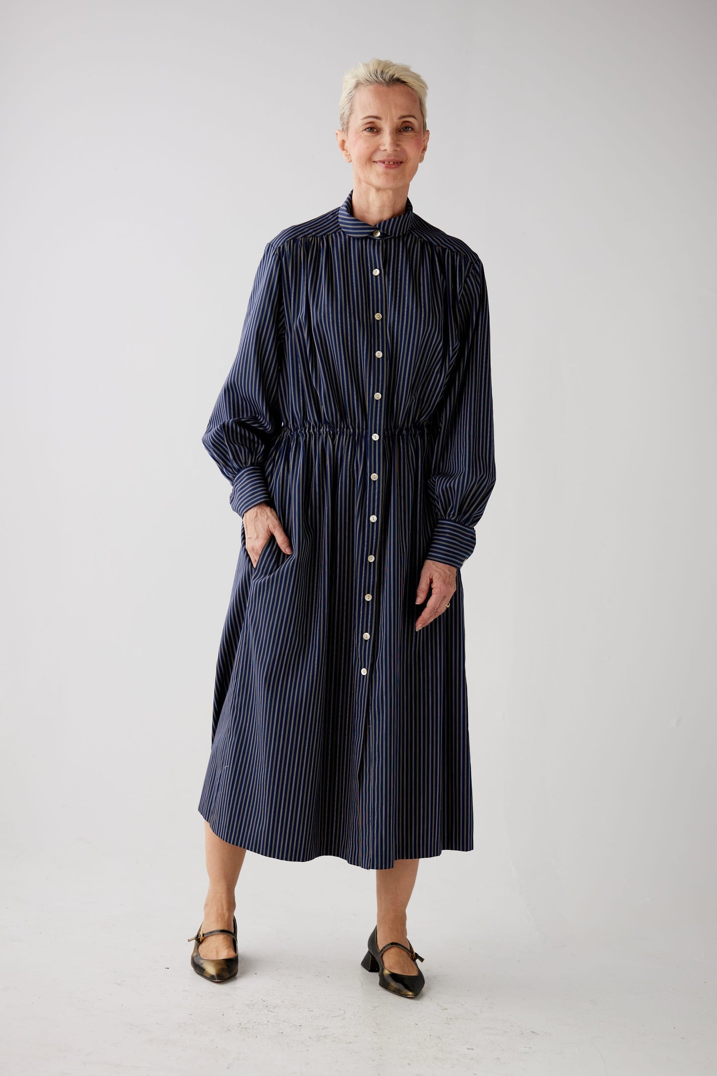 Georgia Dress in Navy Striped Cotton Dresses CHRISTINE ALCALAY