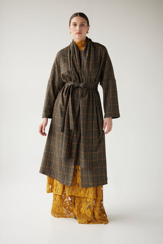 Ida Robe Overcoat in Toffee Plaid Wool Coats CHRISTINE ALCALAY