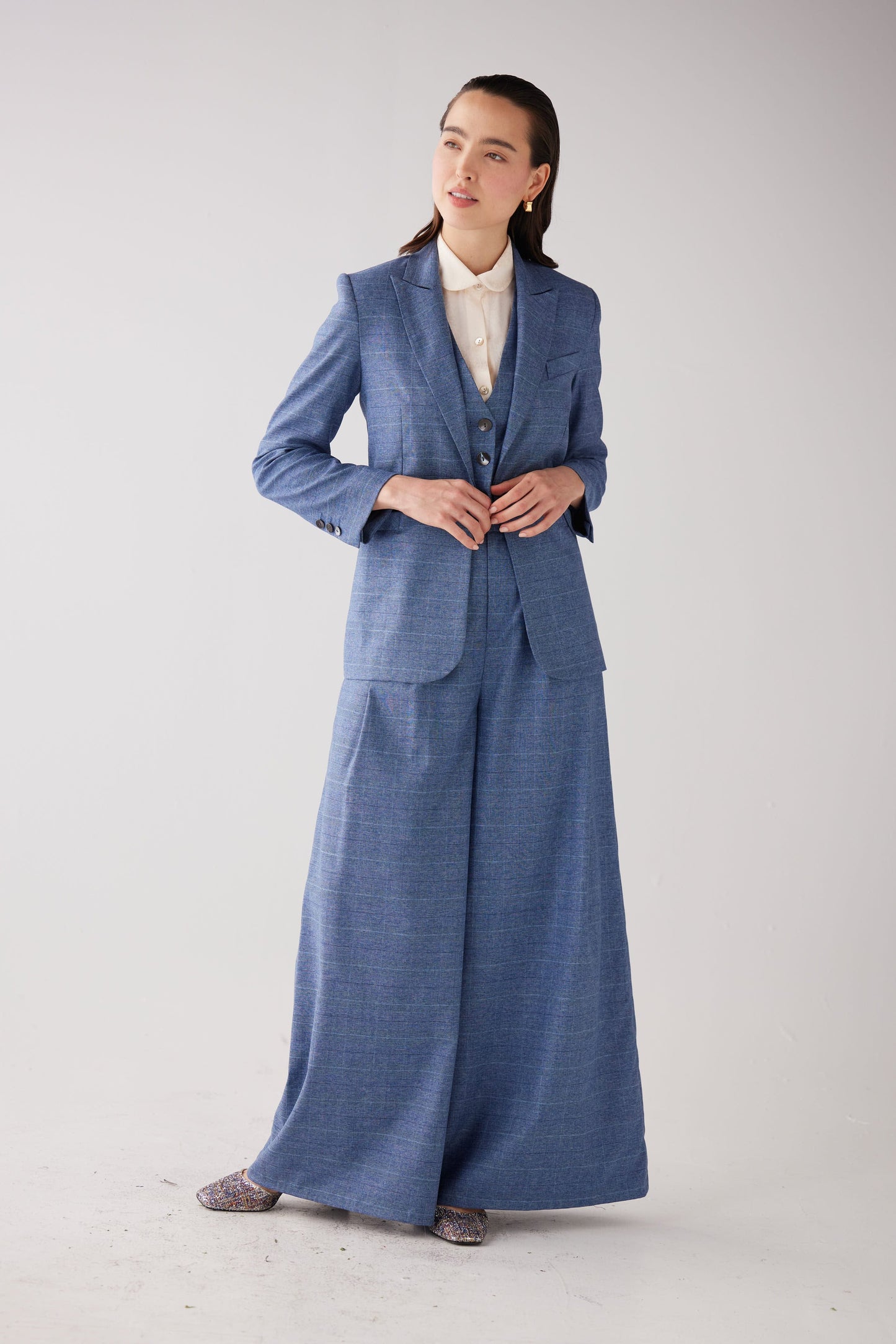 Bianca Blazer in Sky Plaid Tropical Wool Jackets CHRISTINE ALCALAY