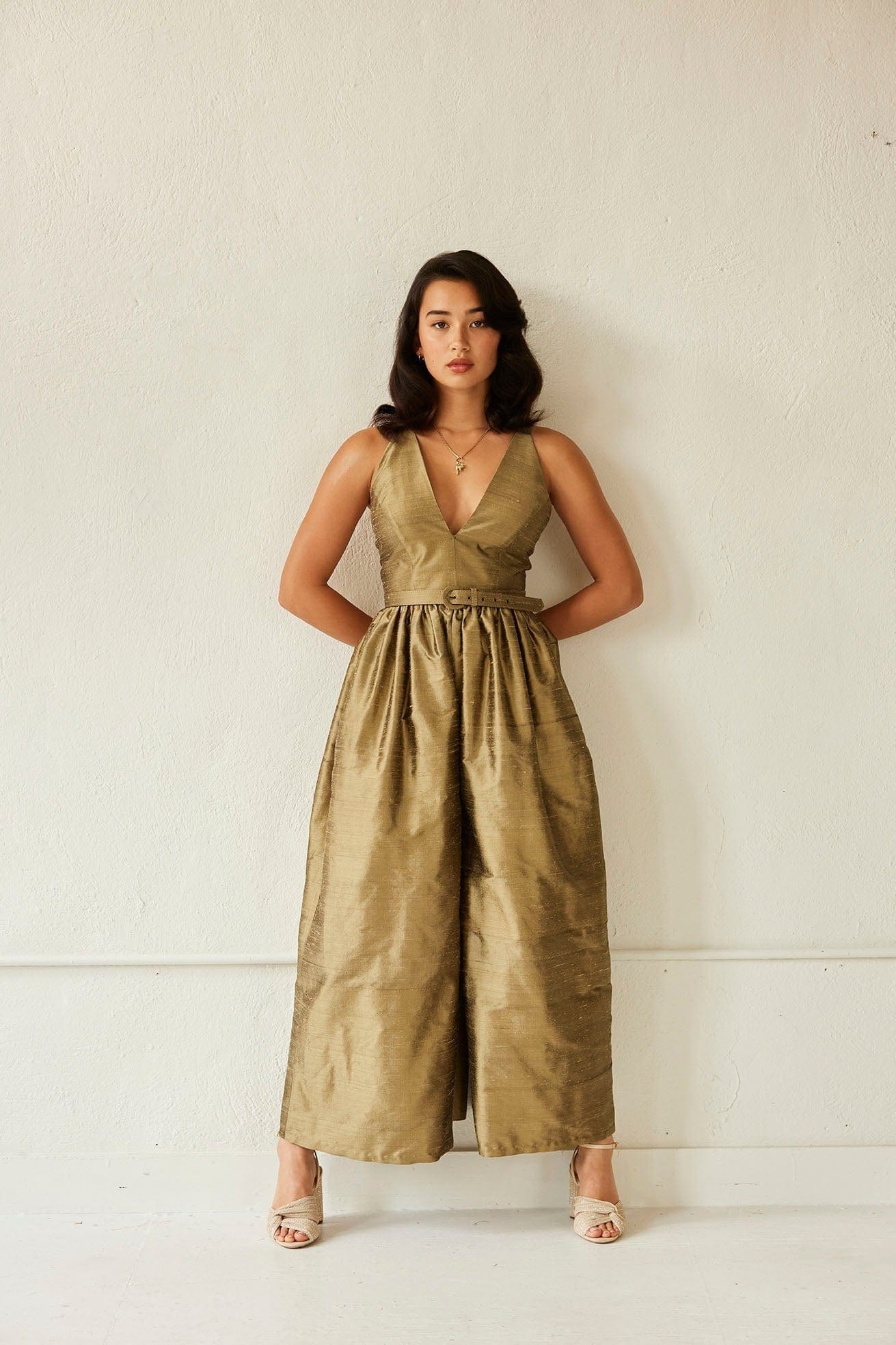 Quynh Jumpsuit in Silk Dupioni Jumpsuits CHRISTINE ALCALAY Olive Dupioni 0