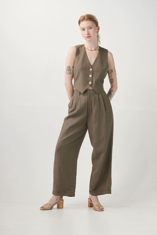 Charlie Pant in Linen Blend Pants CHRISTINE ALCALAY Olive 0