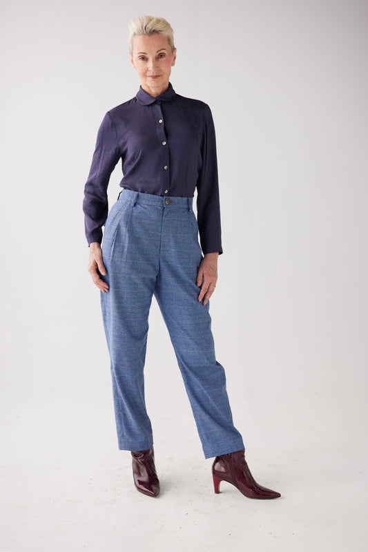 Sophia Pant in Sky Plaid Tropical Wool Pants CHRISTINE ALCALAY