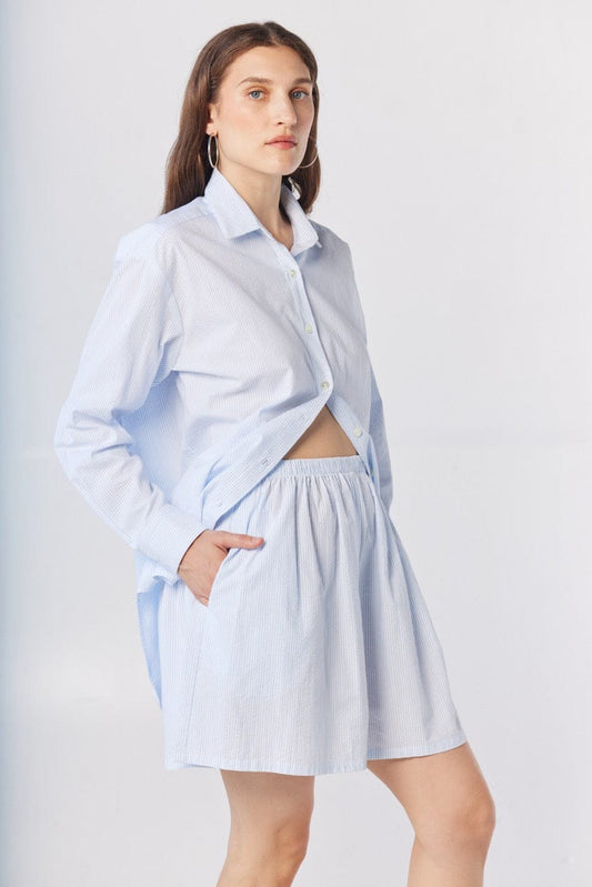 Gigi Seersucker Shorts in Blue Stripe Shorts CHRISTINE ALCALAY Blue Stripe XS/S