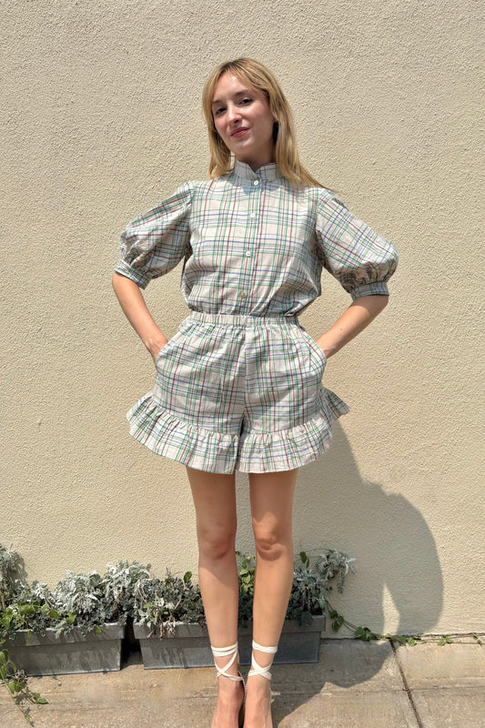 Una Shorts in Oyster Plaid Cotton Shorts CHRISTINE ALCALAY