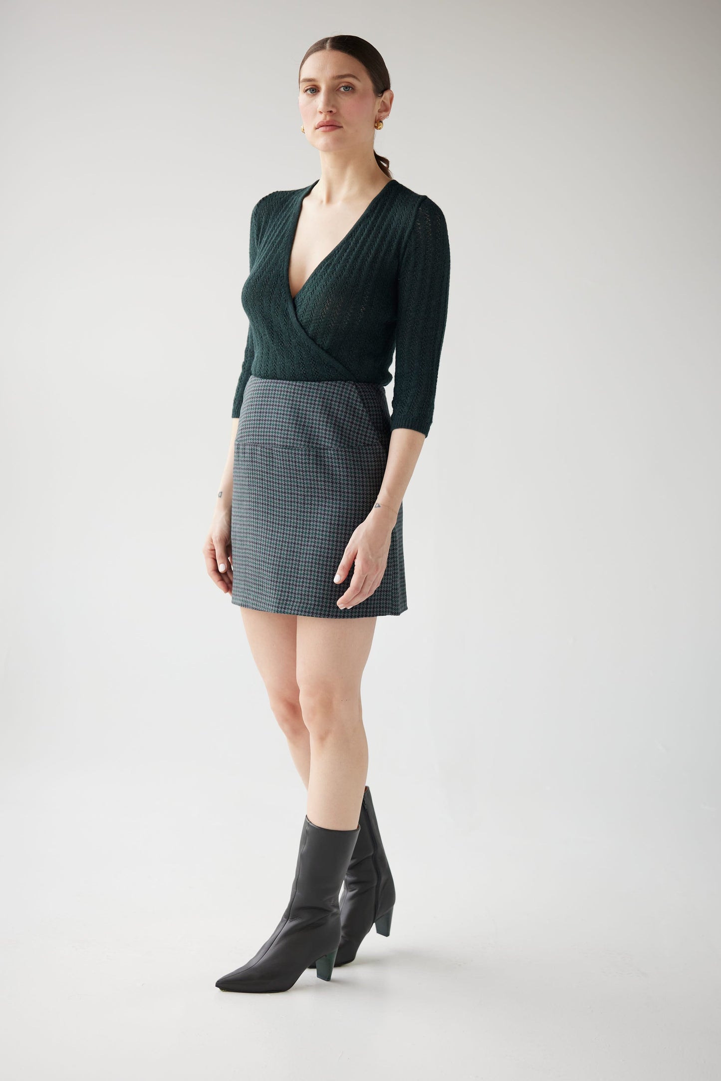 Zhenya Skirt in Evergreen Houndstooth Wool Skirts CHRISTINE ALCALAY