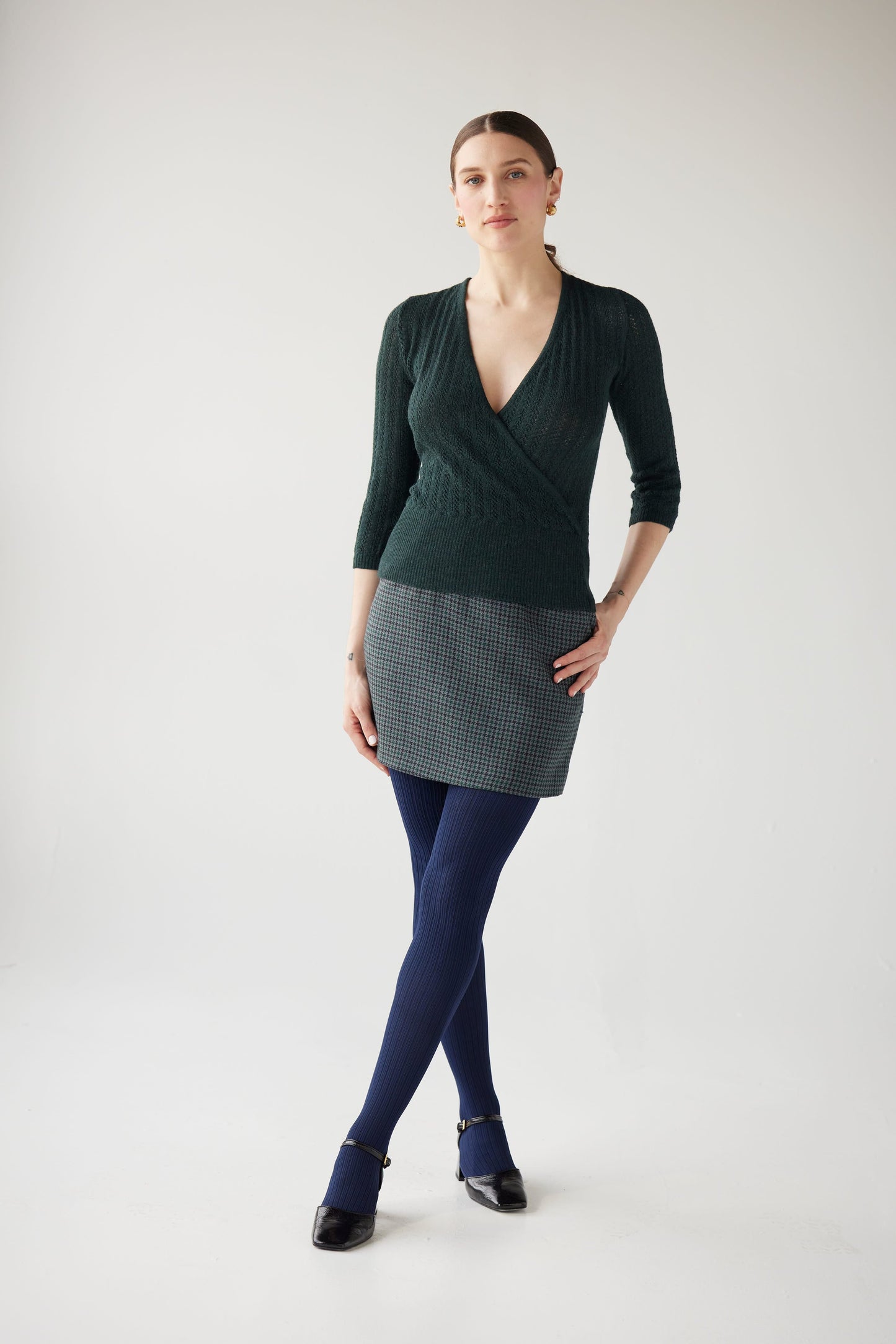 Zhenya Skirt in Evergreen Houndstooth Wool Skirts CHRISTINE ALCALAY
