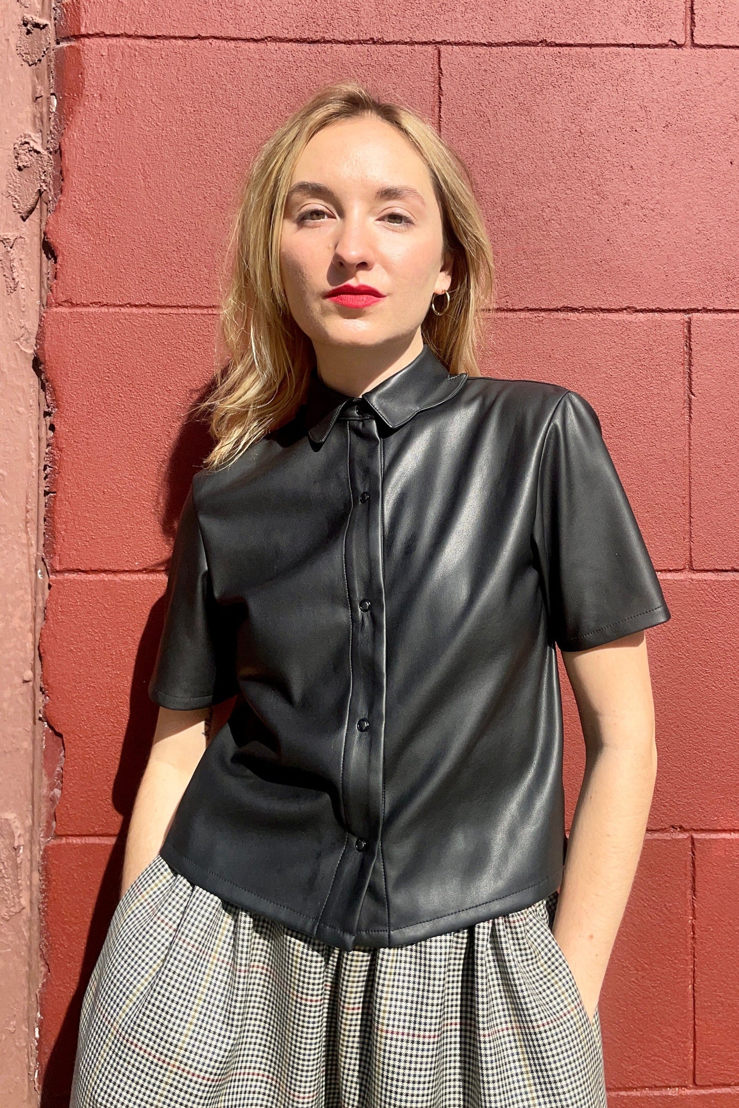 Volante Blouse in Pleatherette Tops CHRISTINE ALCALAY Black Extra Small
