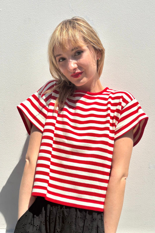 Stripe Belle Tee in Pima Cotton Knit Tops CHRISTINE ALCALAY Fire & Cream Stripe ONE SIZE