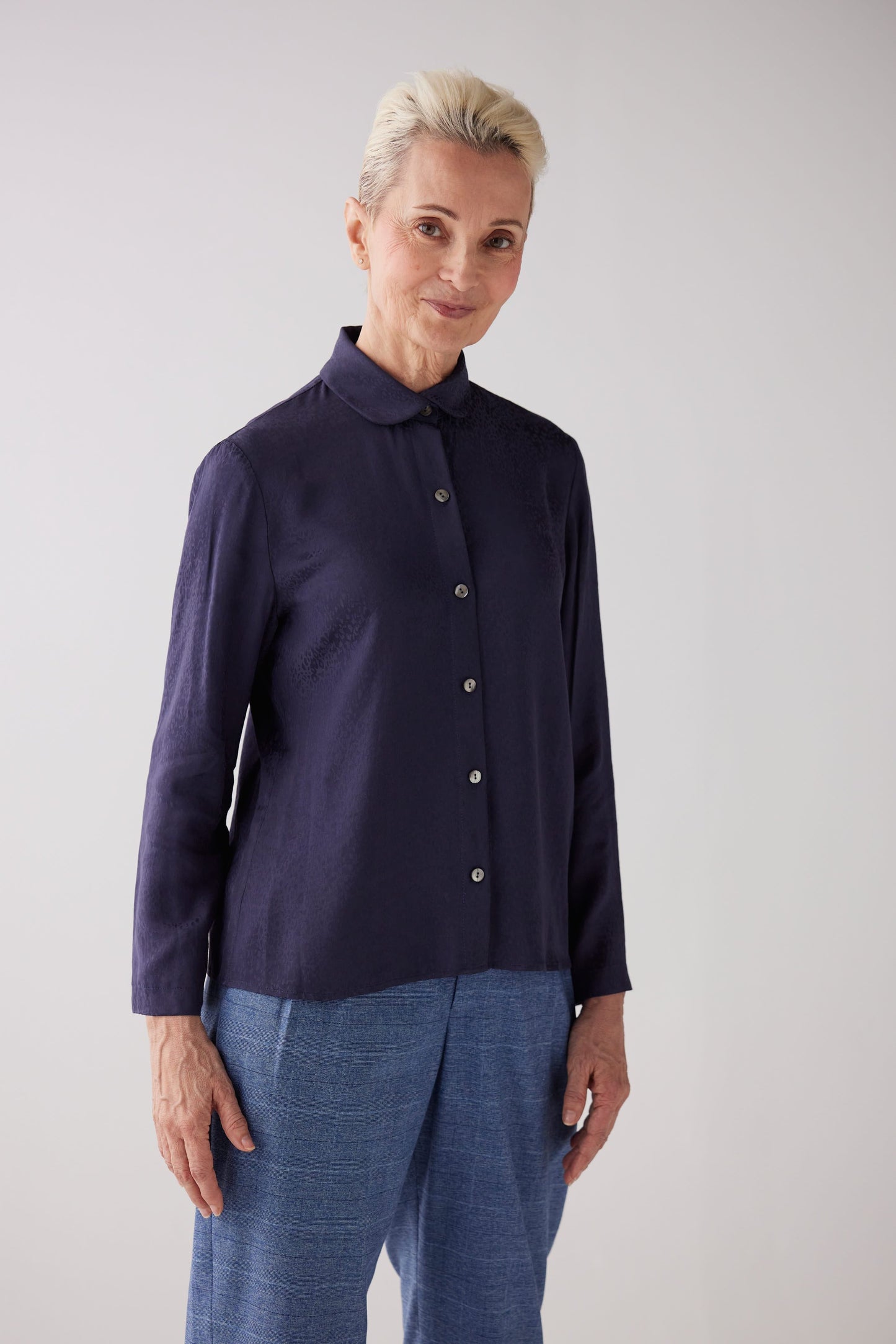 Binty Blouse in Leopard Jacquard Tops CHRISTINE ALCALAY Navy Extra Small