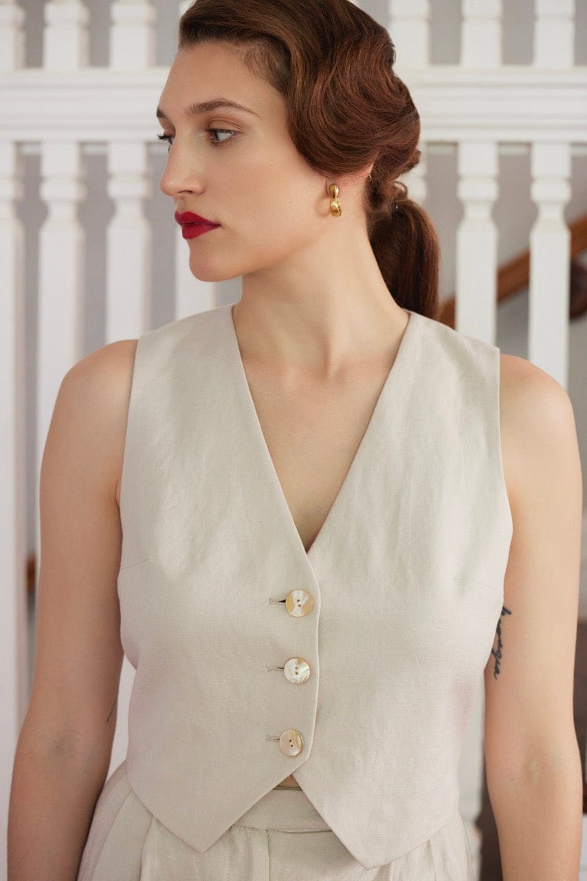 Diane Vest in Linen Blend Vests CHRISTINE ALCALAY Oyster Extra Small