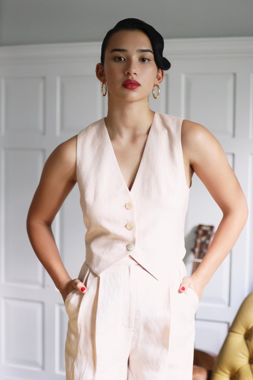 Diane Tailored V Neck Vest in Linen Vests CHRISTINE ALCALAY Shell Extra Small