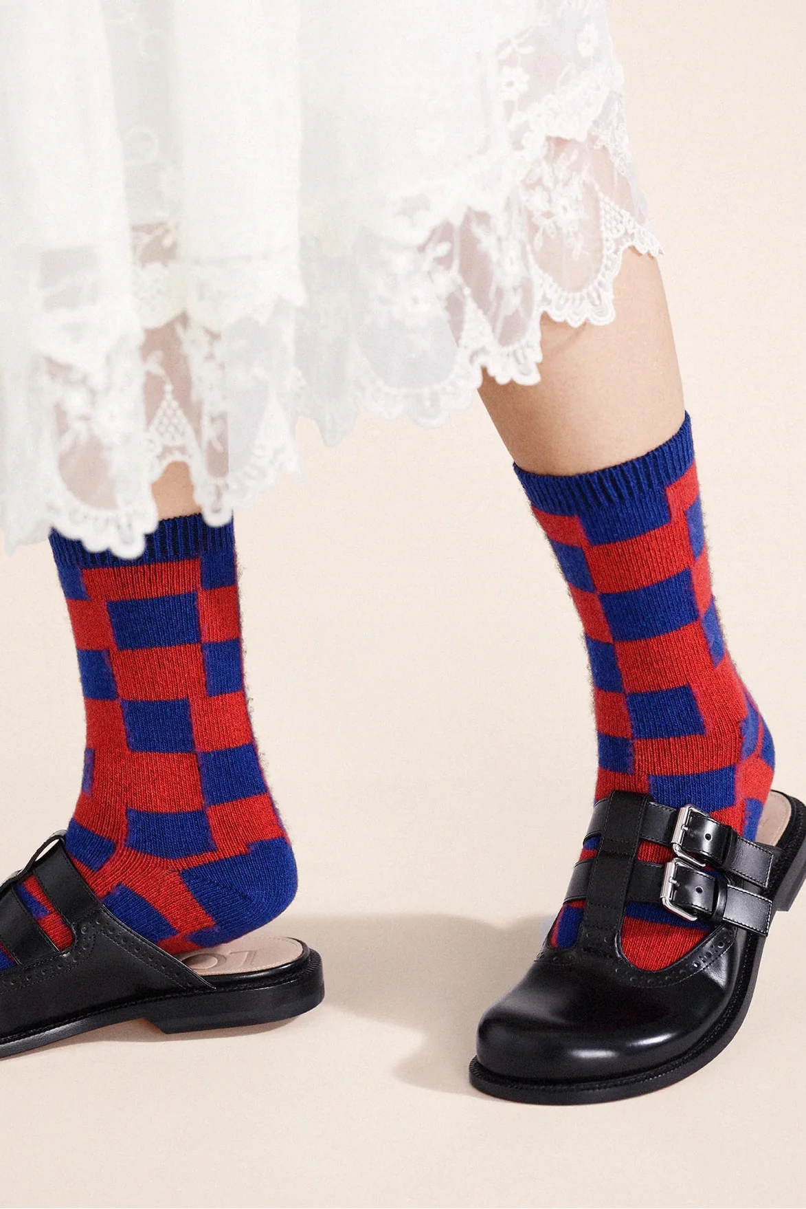 Dash Checkered Cashmere Crew Socks in Navy Socks Hansel from Basel