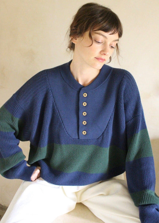 Bud Pima Cotton Striped Henley Sweaters Na Nin Midnight & Forest Stripe O/S