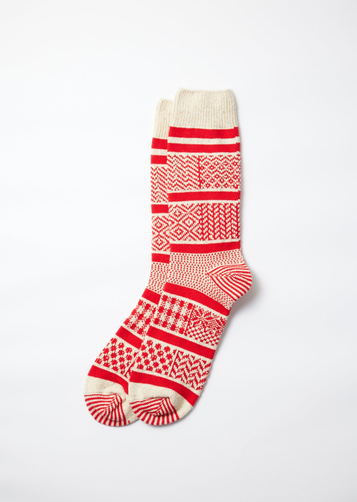 Jacquard Crew Socks Socks RoToTo Ivory/Red M - 1