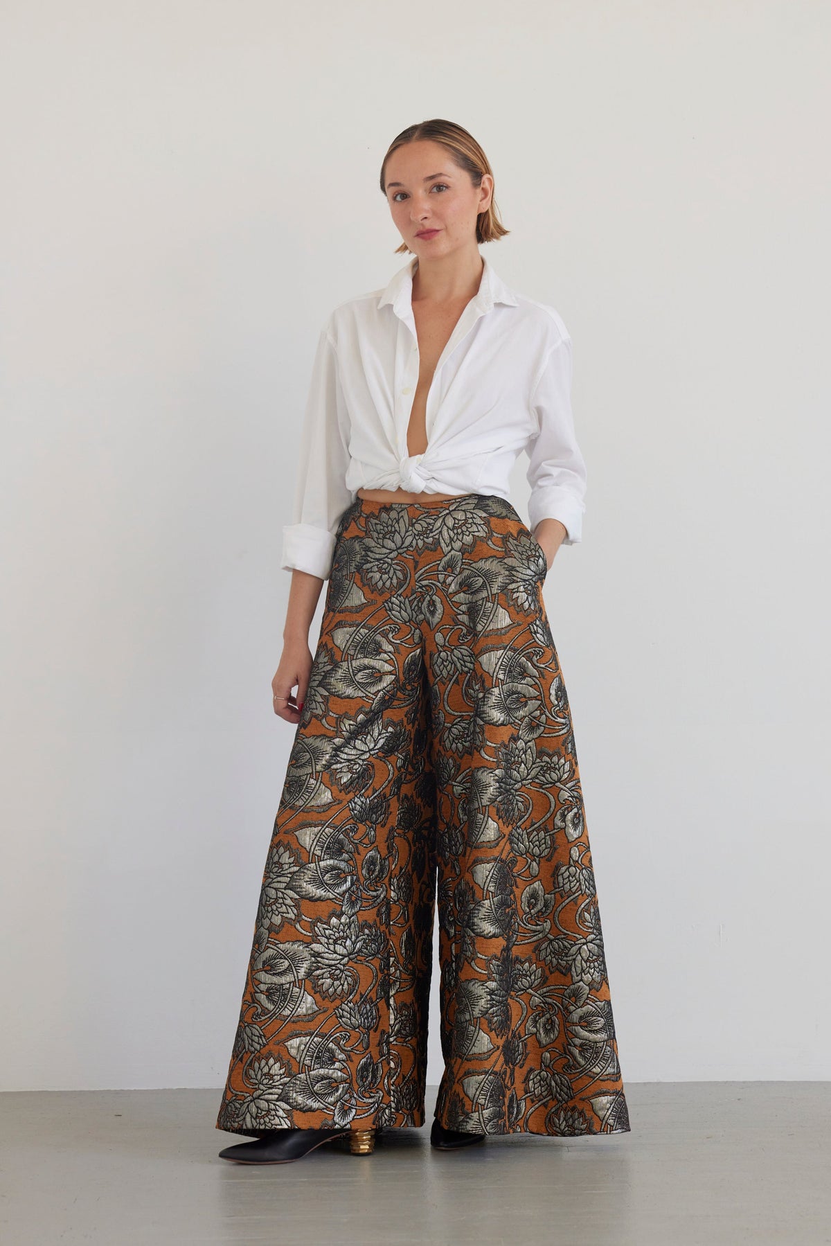 Angela Palazzo Pant in Brocade Pants CHRISTINE ALCALAY Bronze Metallic 0