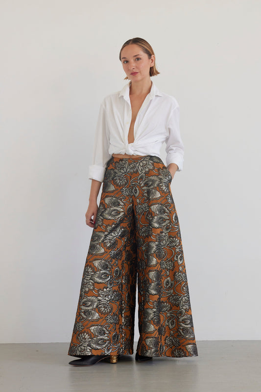 Angela Palazzo Pant in Brocade Pants CHRISTINE ALCALAY Bronze Metallic 0