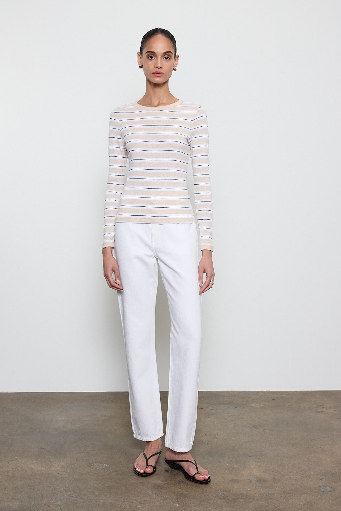 Cotton Stripe Classic L/S Tee Shirts Enza Costa Wheat/White S