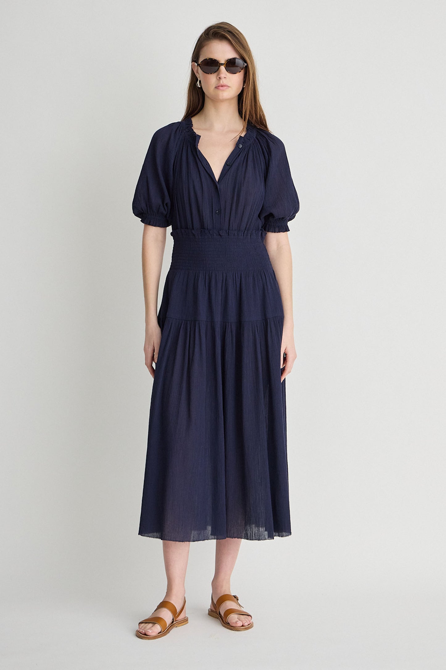 Cotton gauze navy maxi dress with mid lenght sleeves