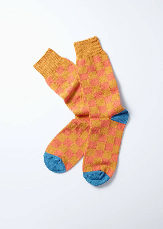 Checkerboard Crew Socks  RoToTo Orange/Light Blue L 