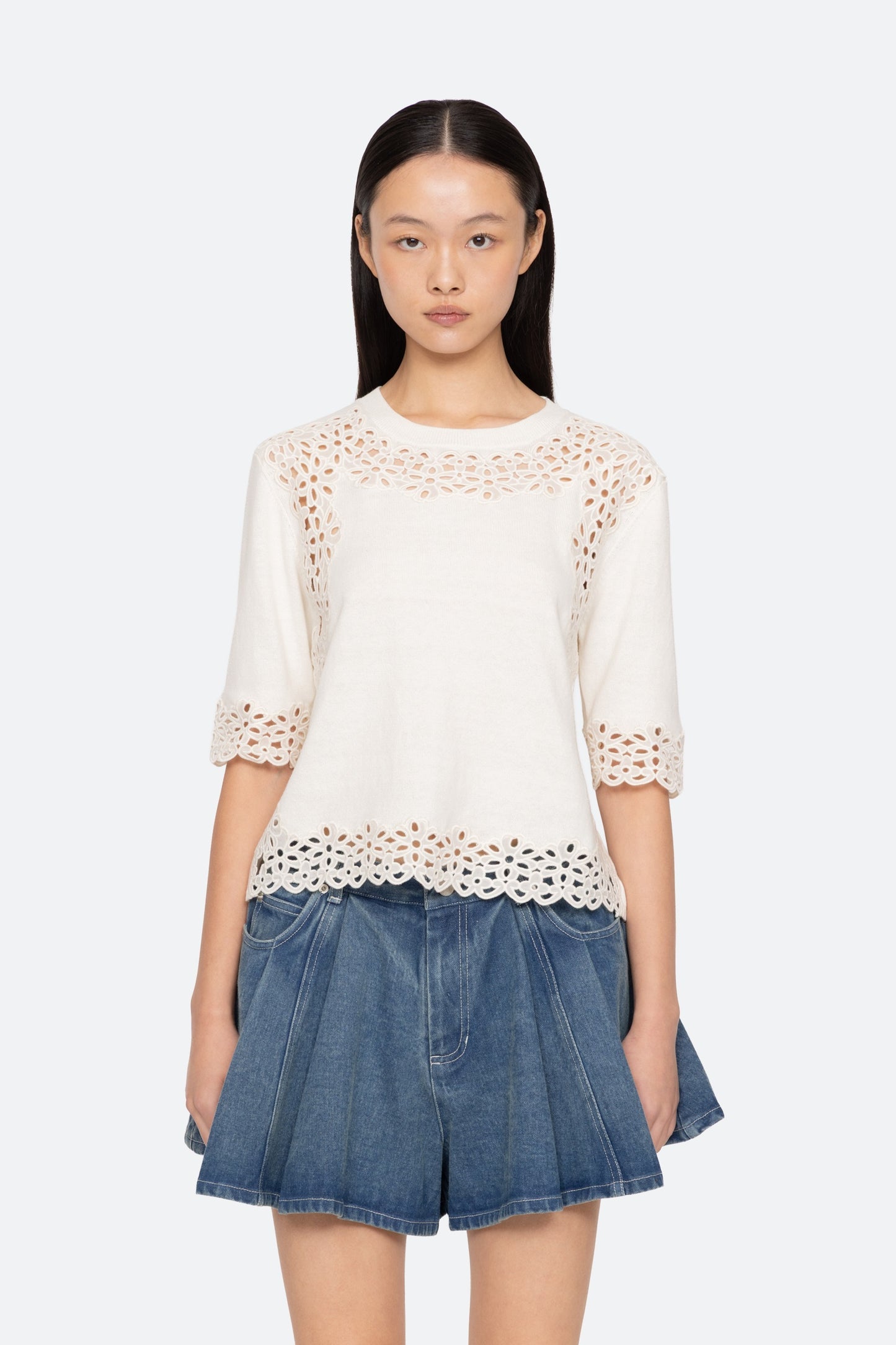 Leila Eyelet S/S Sweater Shirts SEA NEW YORK