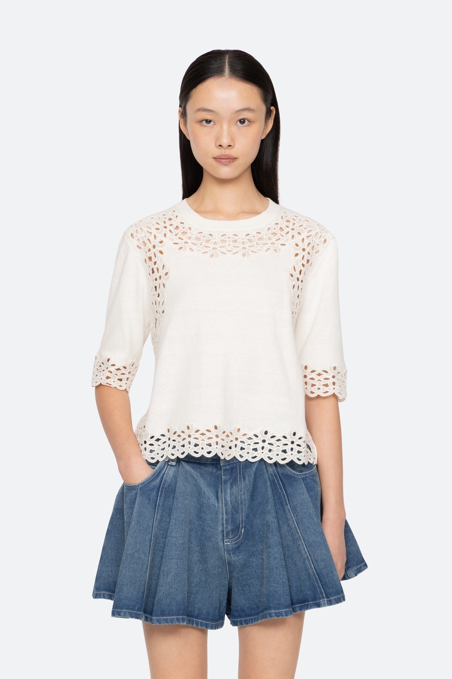 Leila Eyelet S/S Sweater Shirts SEA NEW YORK