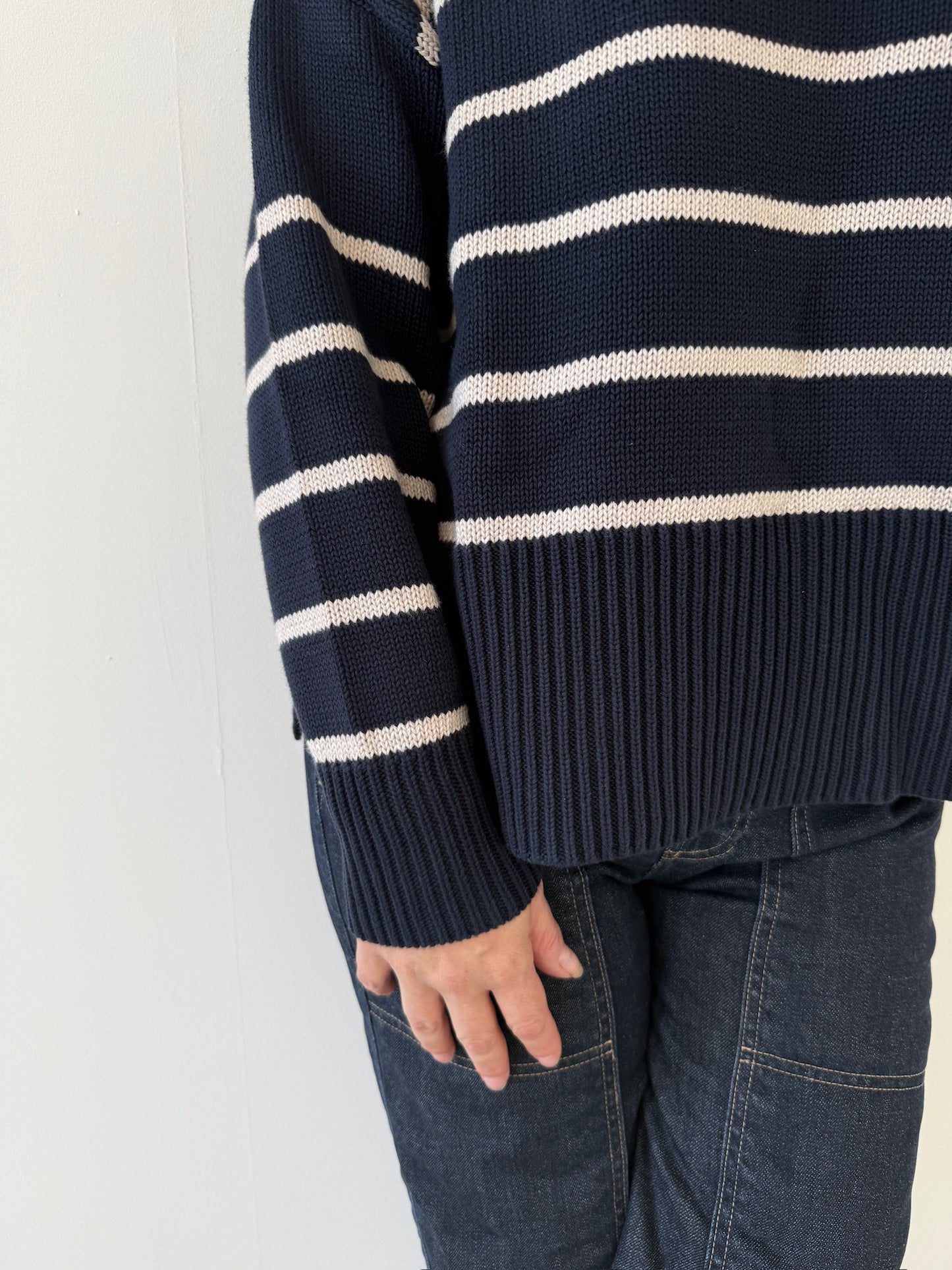 Breton Boxy stripe sweater on model sleeve detail