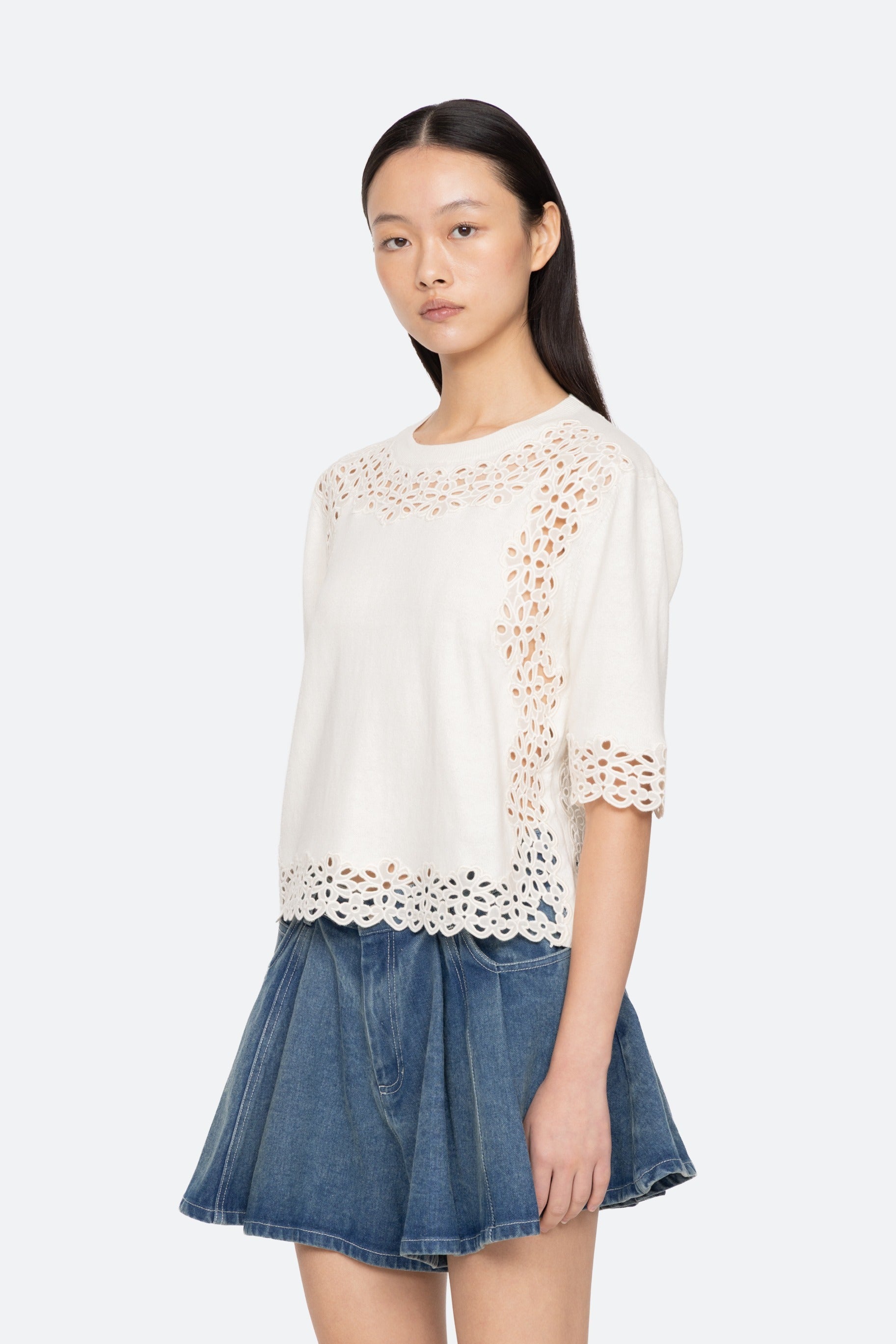 Leila Eyelet S/S Sweater Shirts SEA NEW YORK