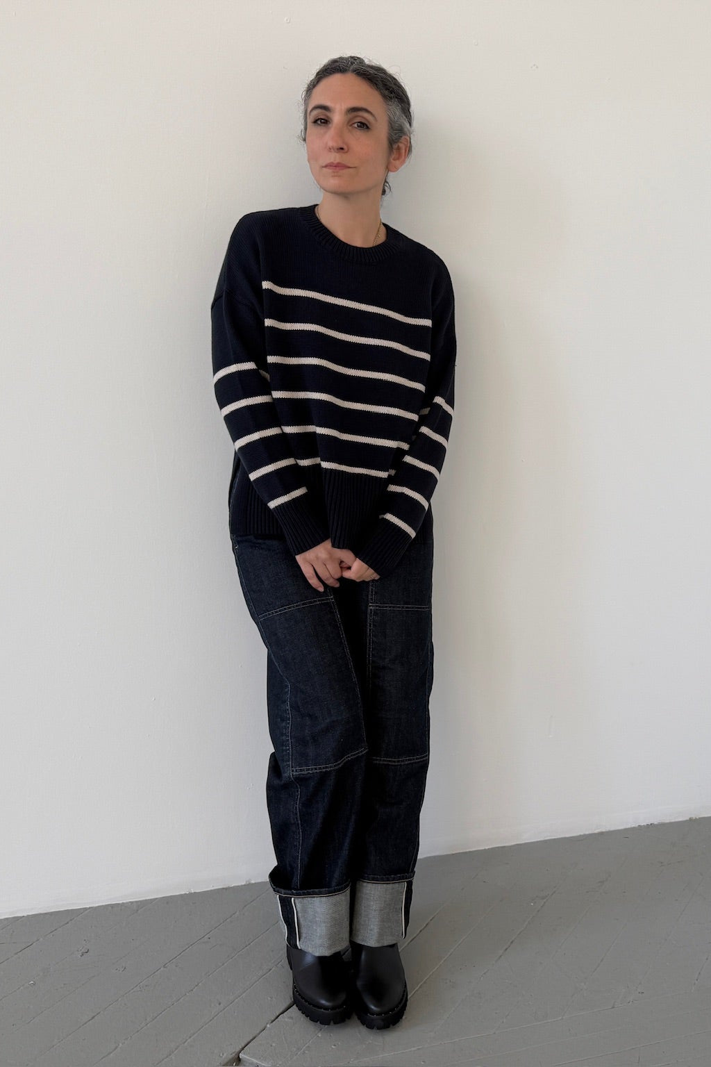 Breton Boxy stripe sweater on model full body