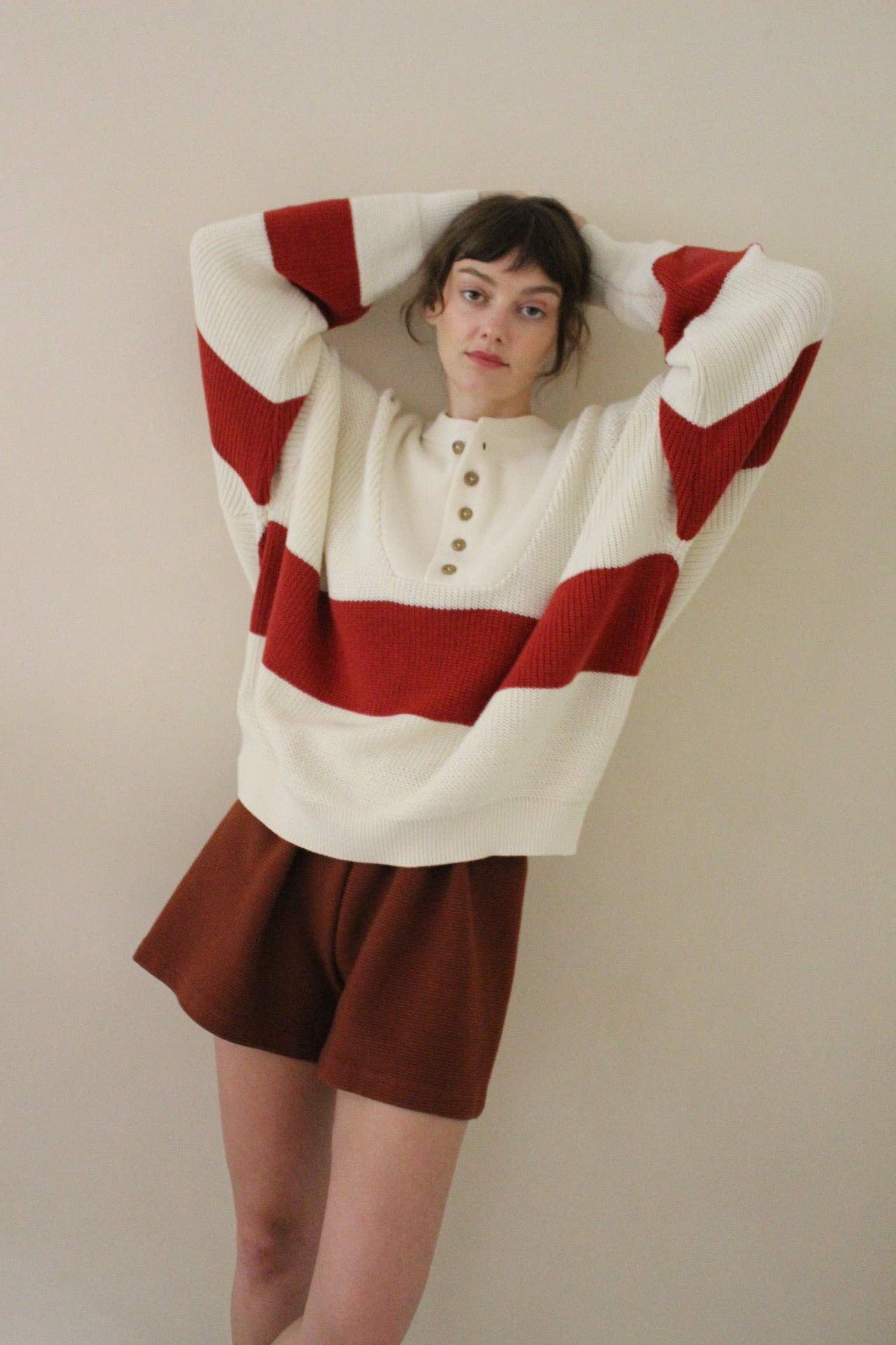 Bud Pima Cotton Striped Henley Sweaters Na Nin Ivory & Cardinal Stripe O/S