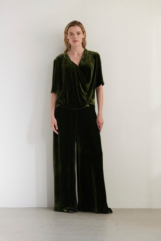 Angela Palazzo Pant in Silk Velvet Pants CHRISTINE ALCALAY Verdant Green 0