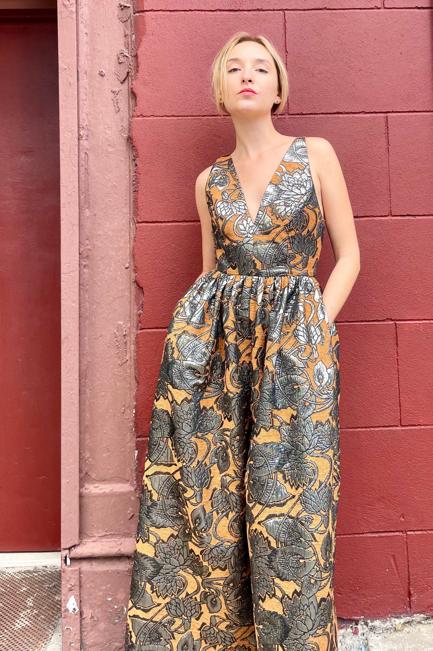 Quynh Jumpsuit in Brocade Jumpsuits CHRISTINE ALCALAY Bronze Brocade 0