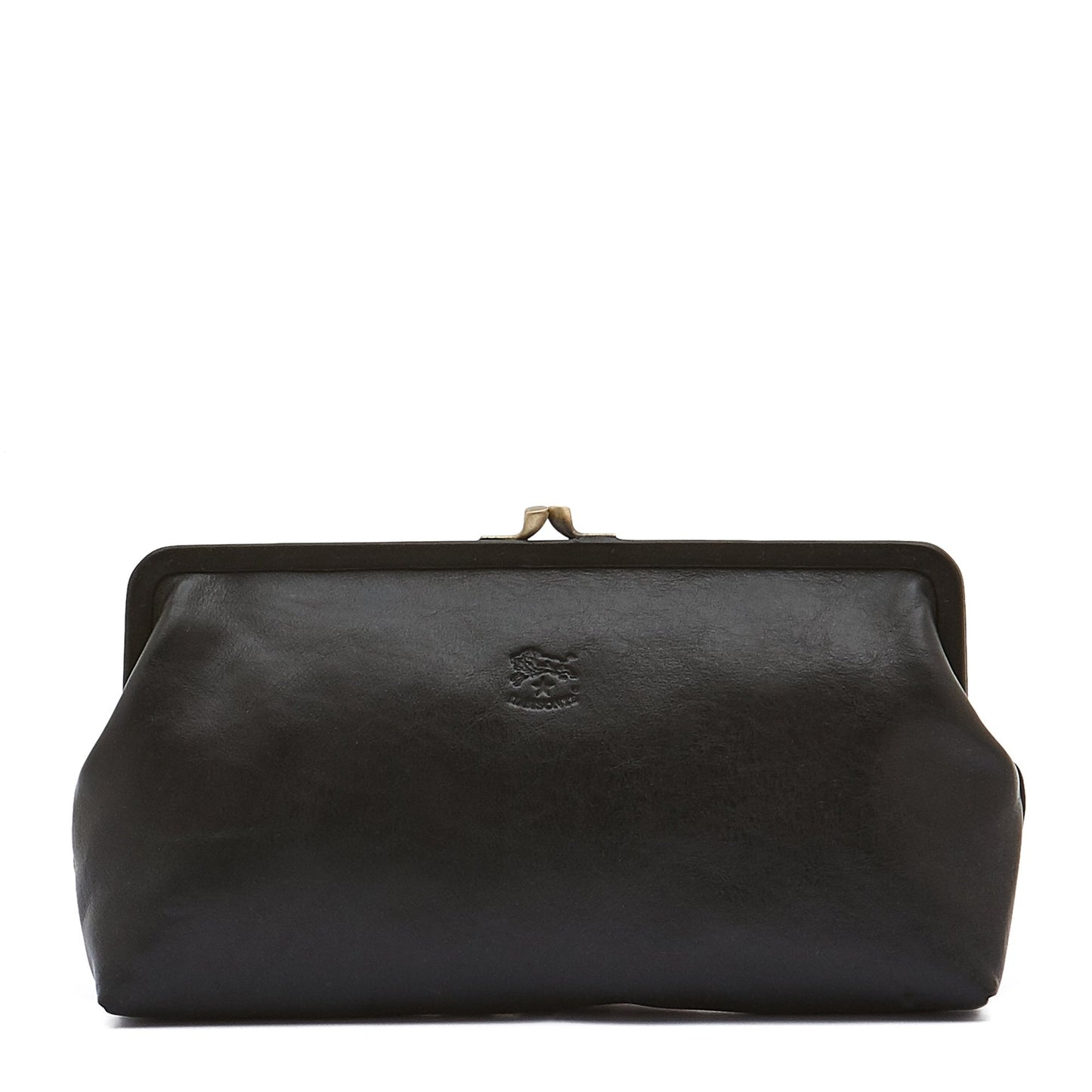 A black leather clutch bag with a kiss-lock metal clasp and a small embossed logo on the front, set against a plain white background.