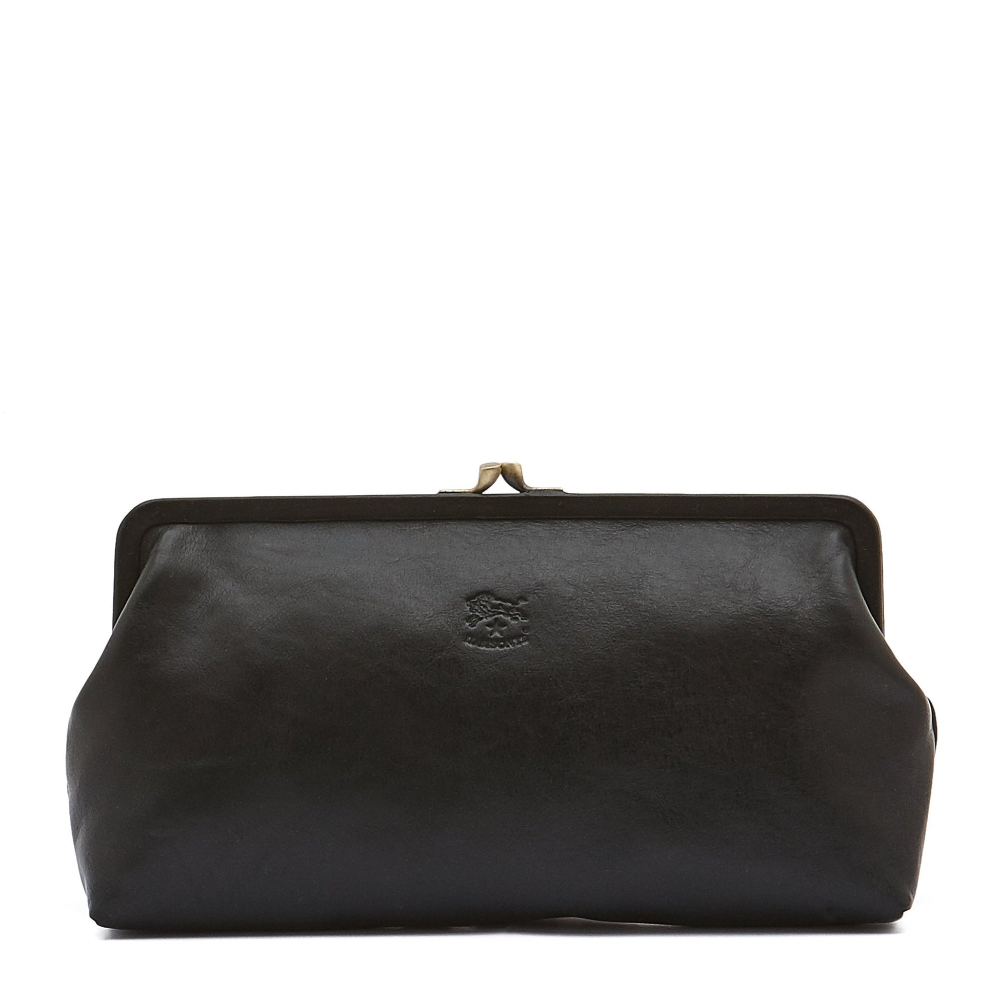 A black leather clutch bag with a kiss-lock metal clasp and a small embossed logo on the front, set against a plain white background.