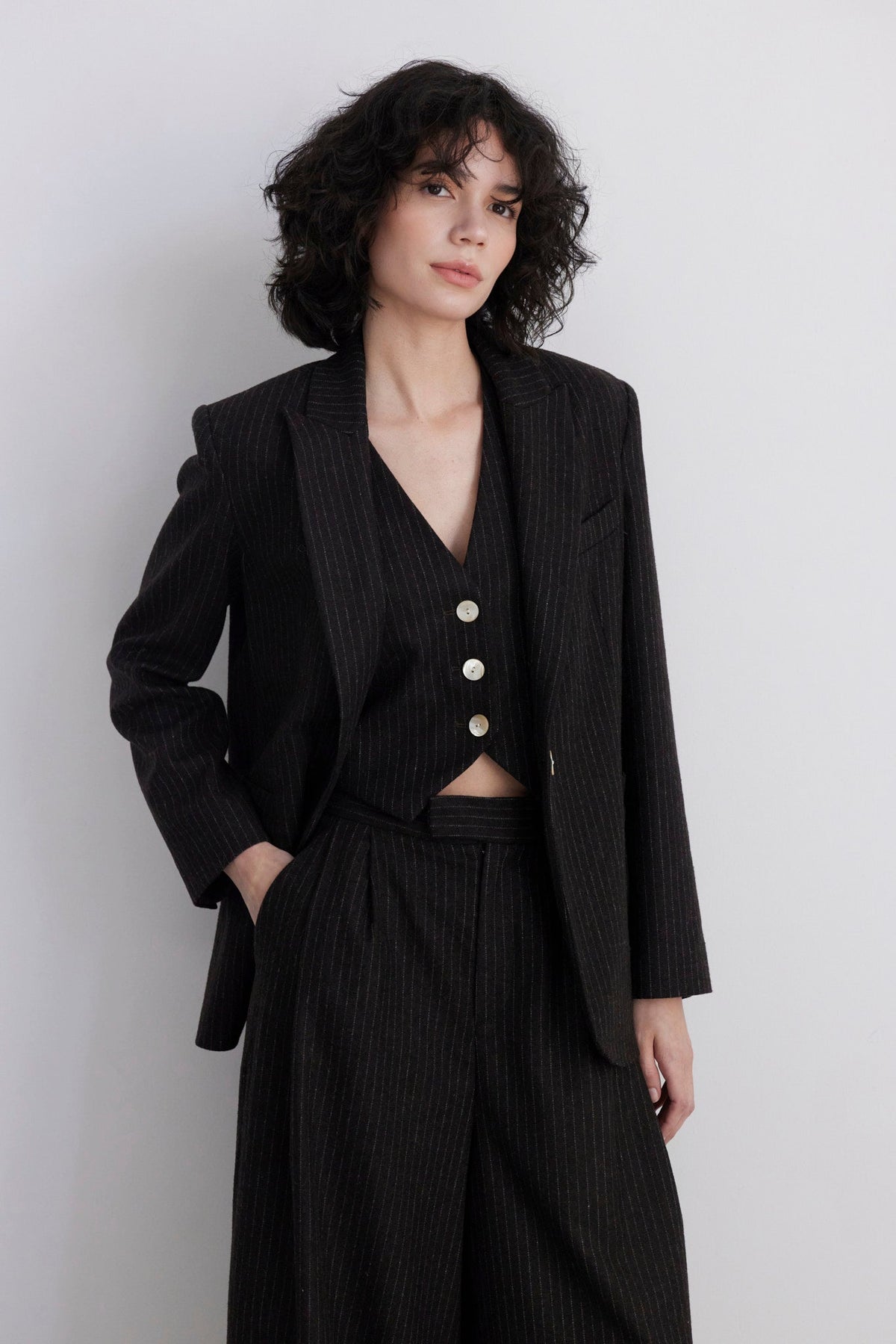 Bianca Peak Lapel Blazer in Wool Jackets CHRISTINE ALCALAY Dark Chocolate Pinstripe 0 - 1
