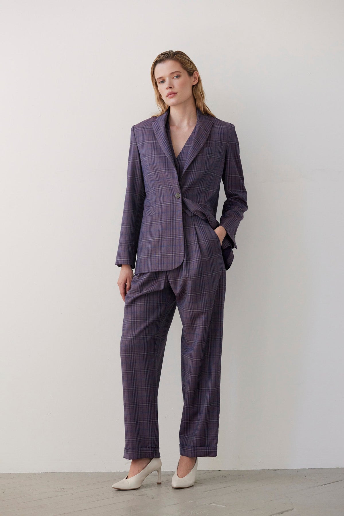 Bianca Peak Lapel Blazer in Tropical Wool Jackets CHRISTINE ALCALAY Shadow Violet Plaid 0 - 1