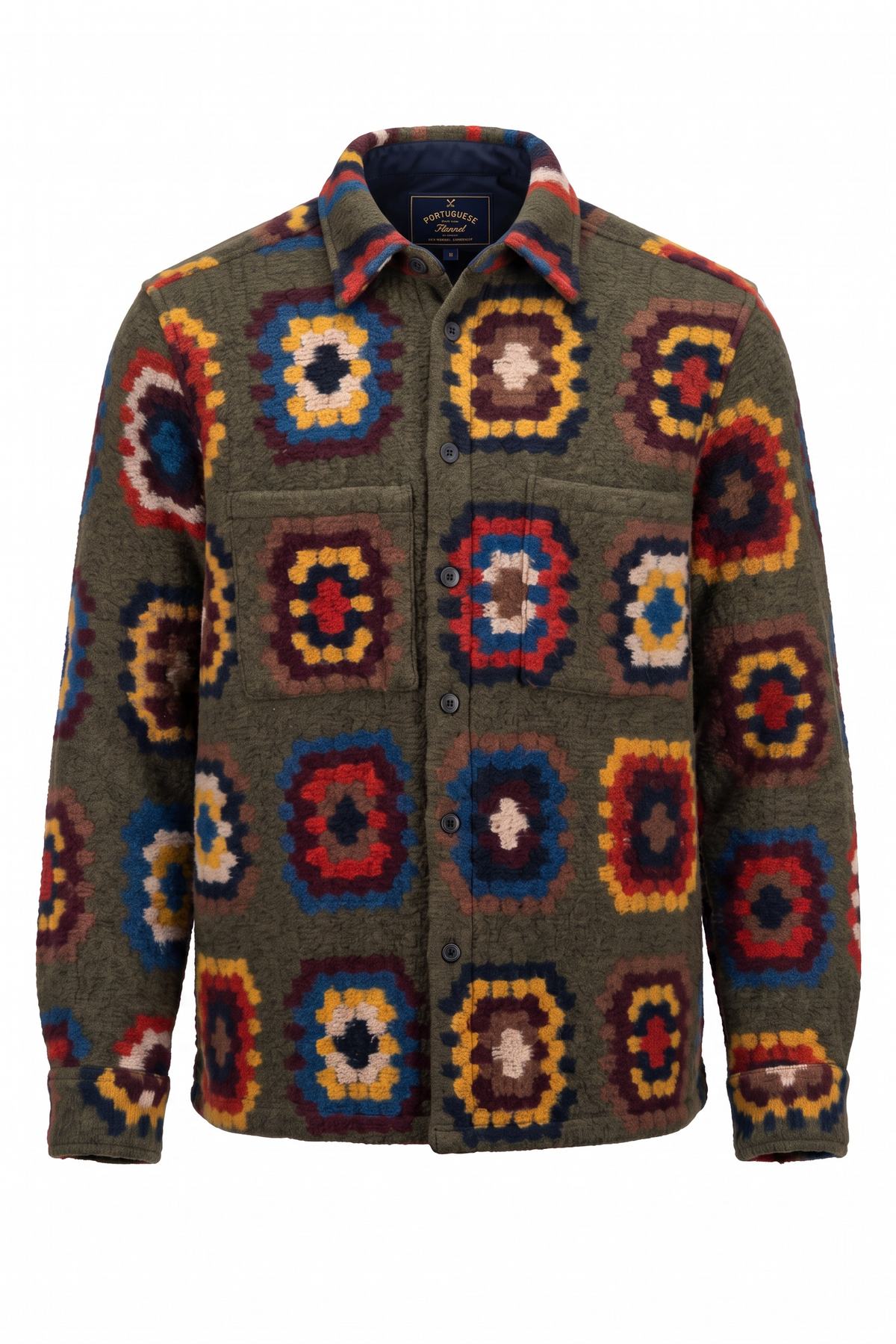 A long-sleeve button-up shirt jacket featuring a multicolor geometric granny square pattern on an olive green base, shown against a plain white background. - 1