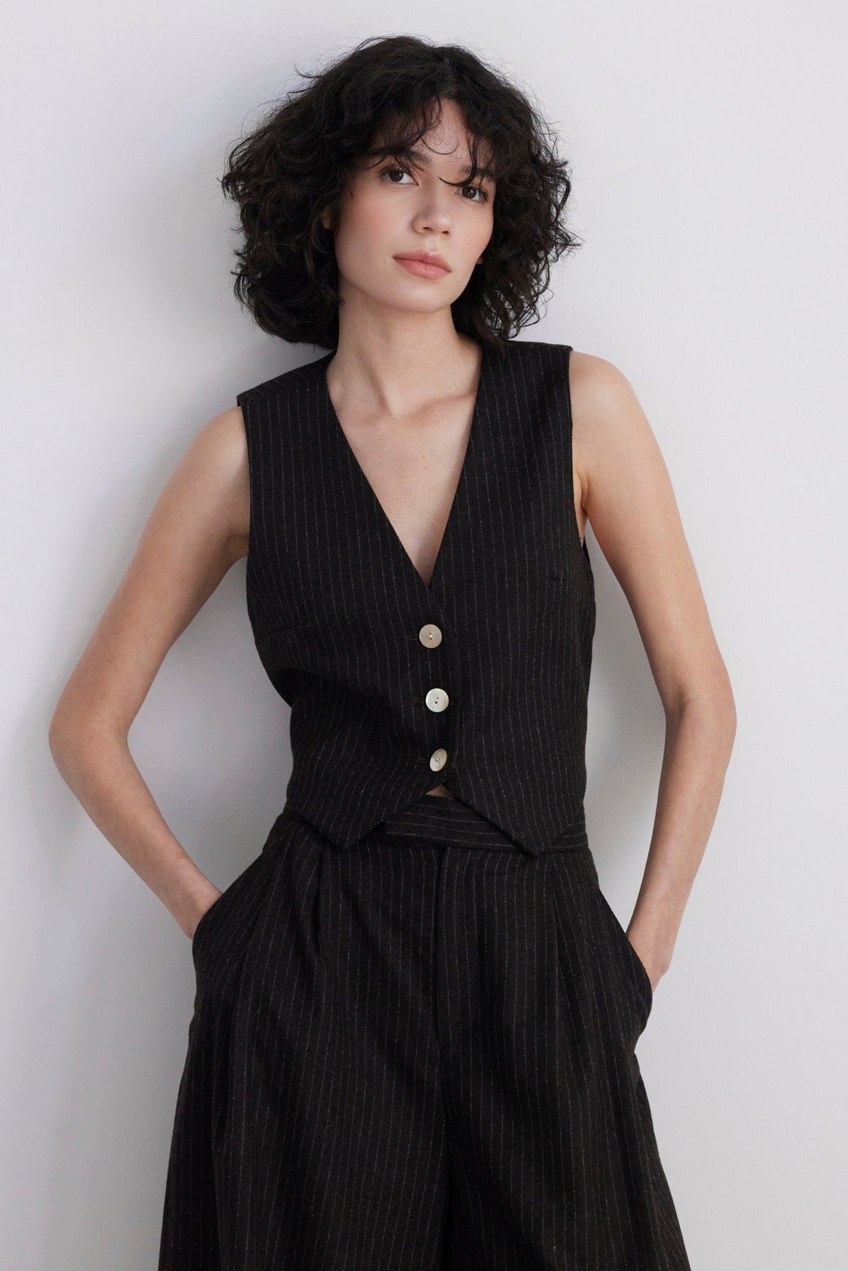 Diane Tailored V Neck Vest in Wool Vests CHRISTINE ALCALAY Dark Chocolate Pinstripe Extra Small