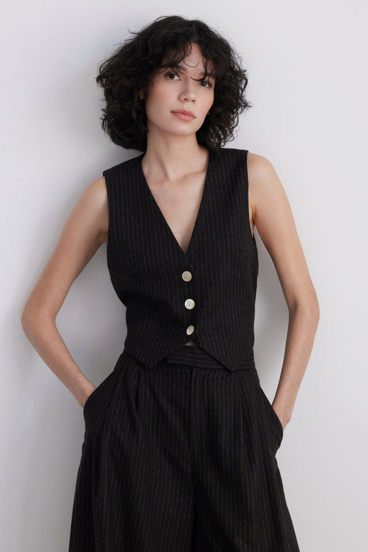 Diane Tailored V Neck Vest in Wool Vests CHRISTINE ALCALAY Dark Chocolate Pinstripe Extra Small