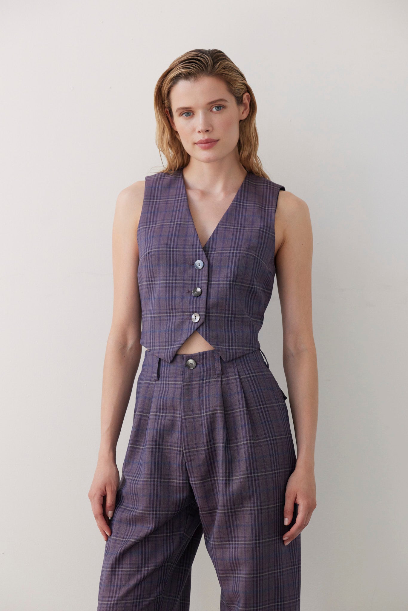 Diane Tailored V Neck Vest in Wool Vests CHRISTINE ALCALAY Shadow Violet Plaid Extra Small